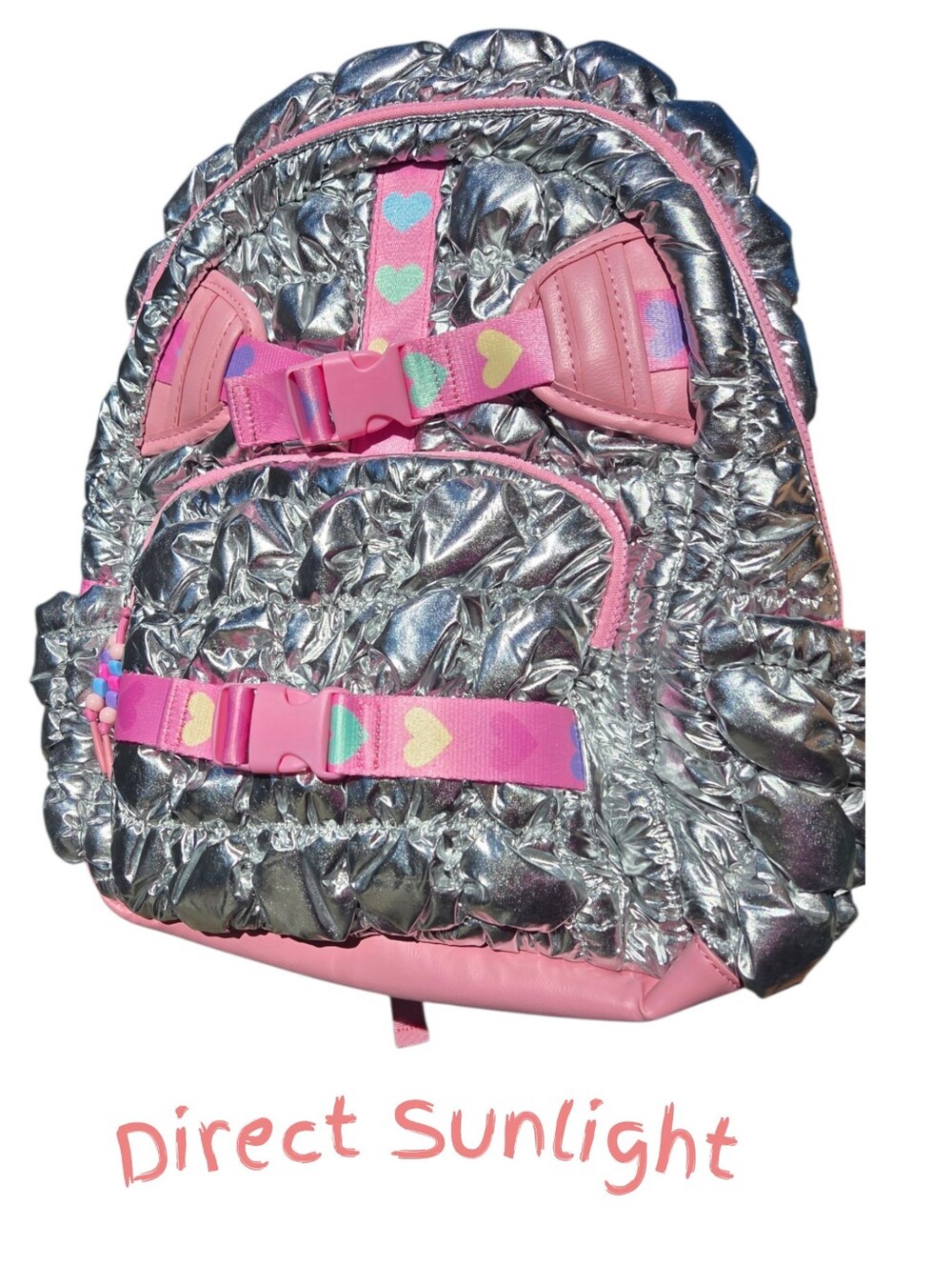 OMG - Kids Scrunch Metallic Silver & Pink Heart Strap Backpack - Picture 2 of 5